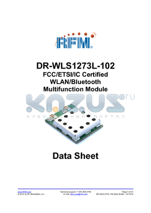 DR-WLS1273L-102 datasheet - FCC/ETSI/IC Certified WLAN/Bluetooth Multifunction Module