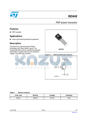 BD442 datasheet - PNP power transistor