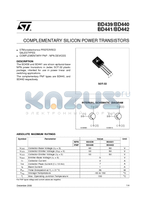 BD442 datasheet - COMPLEMENTARY SILICON POWER TRANSISTORS