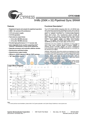 CY7C1364B datasheet - 9-Mb (256K x 32) Pipelined Sync SRAM