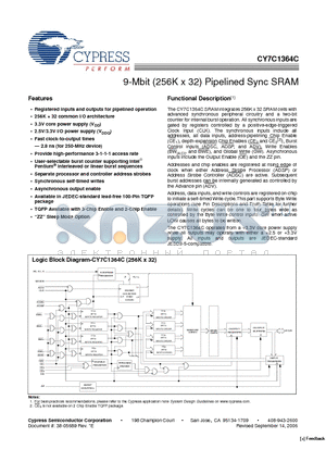 CY7C1364C-200AXC datasheet - 9-Mbit (256K x 32) Pipelined Sync SRAM