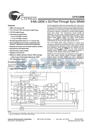 CY7C1365B-117AJC datasheet - 9-Mb (265K x 32) Flow-Through Sync SRAM