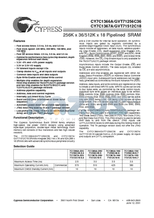 CY7C1366A-150BGC datasheet - 256K x 36/512K x 18 Pipelined SRAM