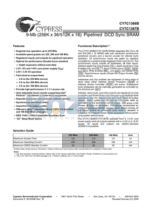 CY7C1366B datasheet - 9-Mb (256K x 36/512K x 18) Pipelined DCD Sync SRAM