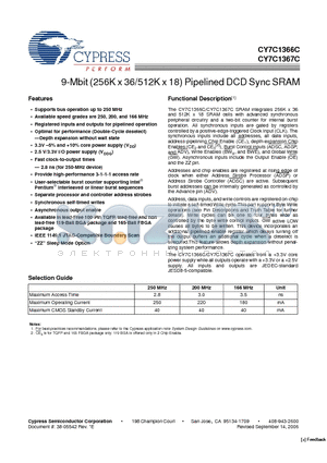 CY7C1366C-200AXI datasheet - 9-Mbit (256K x 36/512K x 18) Pipelined DCD Sync SRAM