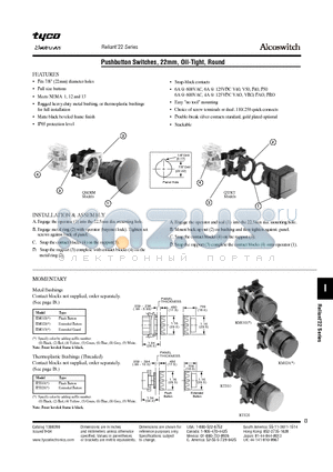 2-1437614-1 datasheet - Pushbutton Switches, 22mm, Oil-Tight, Round