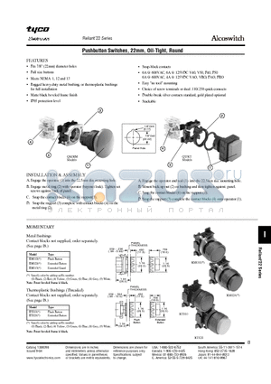 2-1437614-8 datasheet - Pushbutton Switches, 22mm, Oil-Tight, Round