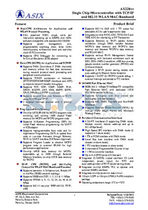 AX220XX datasheet - Single Chip Microcontroller with TCP/IP and 802.11 WLAn MAC/Baseband