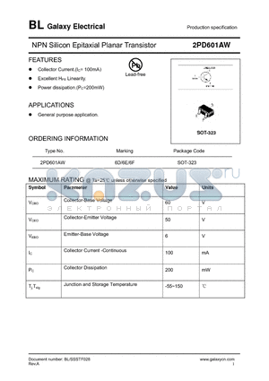 2PD601AW datasheet - NPN Silicon Epitaxial Planar Transistor