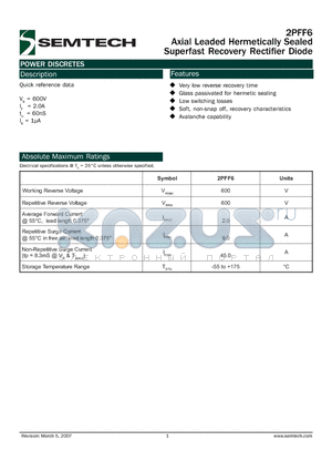 2PFF6 datasheet - Axial Leaded Hermetically Sealed Superfast Recovery Rectifier Diode