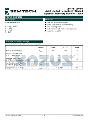 2PFF8 datasheet - Axial Leaded Hermetically Sealed Superfast Recovery Rectifier Diode