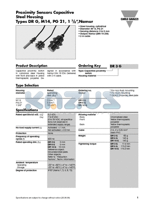 DR10G datasheet - Proximity Sensors Capacitive Steel Housing