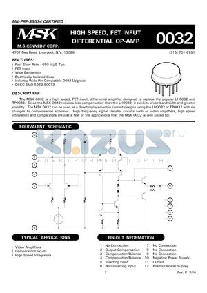 5962-80013 datasheet - HIGH SPEED, FET INPUT DIFFERENTIAL OP-AMP