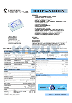 DR1P5-05S05 datasheet - 1.5 WATTS REGULATED OUTPUT POWER