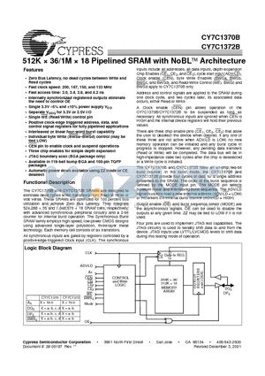 CY7C1370B-133BZI datasheet - 512K  36/1M  18 Pipelined SRAM with NoBL Architecture