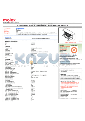 0736442202 datasheet - 2.00mm (.079) Pitch HDM^ Board-to-Board Backplane Header, Vertical, SMC, Press-Fit, Guide Post Location B, Polarizing Key Position B, 72 Circuits