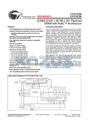 CY7C1370D-167BZC datasheet - 18-Mbit (512K X 36/1M X 18) Pipelined SRAM with NoBL Architecture