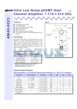 AM40-0023 datasheet - Ultra Low Noise pHEMT Dual Channel Amplifier, 1.710-1.910 GHz