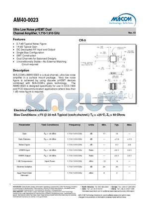 AM40-0023PIN datasheet - Ultra Low Noise pHEMT Dual Channel Amplifier, 1.710-1.910 GHz