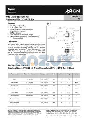 AM40-0023_1 datasheet - Ultra Low Noise pHEMT Dual Channel Amplifier, 1.710-1.910 GHz