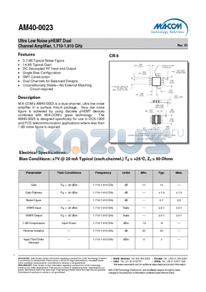 AM40-0023 datasheet - Ultra Low Noise pHEMT Dual Channel Amplifier, 1.710-1.910 GHz