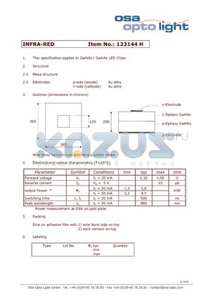 123144H datasheet - GaAlAs / GaAlAs LED Chips