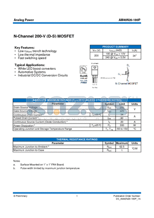 AM40N20-180P datasheet - N-Channel 200-V (D-S) MOSFET