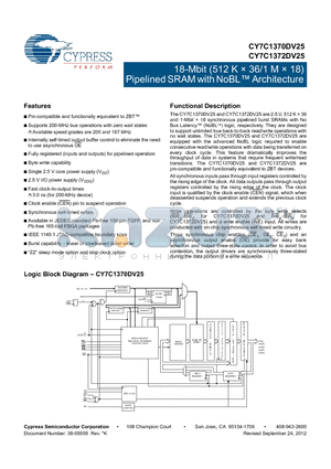 CY7C1370DV25-167BZC datasheet - 18-Mbit (512 K  36/1 M  18) Pipelined SRAM with NoBL Architecture