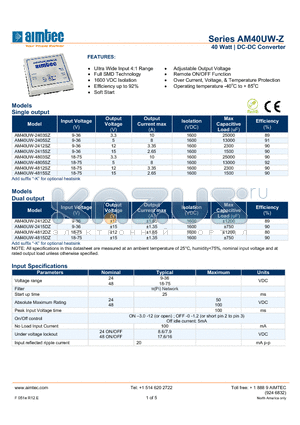 AM40UW-Z_13 datasheet - 40 Watt | DC-DC Converter