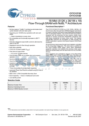 CY7C1371D-133BGXC datasheet - 18-Mbit (512K x 36/1M x 18) Flow-Through SRAM with NoBL Architecture