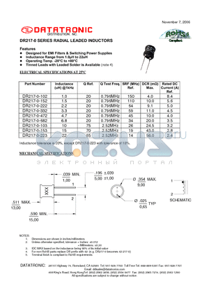 DR217-0-152 datasheet - RADIAL LEADED INDUCTORS