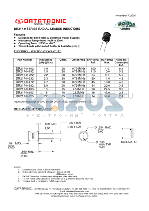 DR217-0-153 datasheet - RADIAL LEADED INDUCTORS