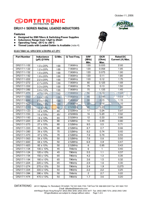 DR217-1-102 datasheet - RADIAL LEADED INDUCTORS