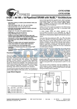 CY7C1372B-167BZC datasheet - 512K  36/1M  18 Pipelined SRAM with NoBL Architecture
