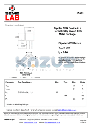 2S322 datasheet - Bipolar NPN Device in a Hermetically sealed TO5 Metal Package
