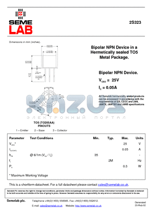 2S323 datasheet - Bipolar NPN Device in a Hermetically sealed TO5 Metal Package