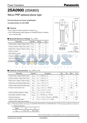 2SA0900 datasheet - For low-frequency Power amplification Complementary
