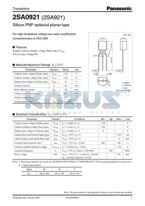 2SA0921 datasheet - For high breakdown voltage low-noise amplification Complementary