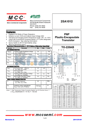 2SA1012 datasheet - PNP Plastic-Encapsulate Transistor