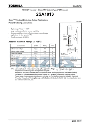 2SA1013 datasheet - Color TV Verttical Deflection Output Applications Power Switching Applications