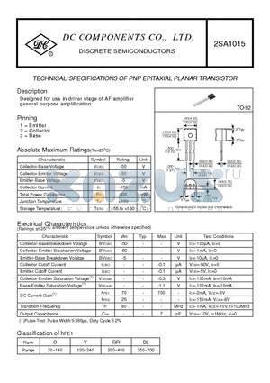 2SA1015 datasheet - TECHNICAL SPECIFICATIONS OF PNP EPITAXIAL PLANAR TRANSISTOR