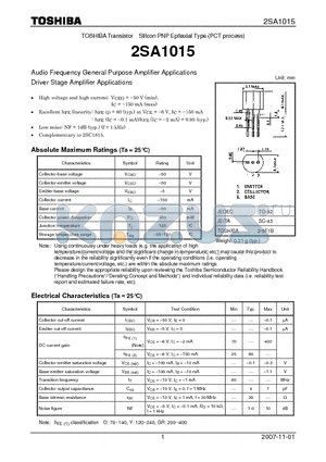 2SA1015 datasheet - Audio Frequency General Purpose Amplifier Applications Driver Stage Amplifier Applications