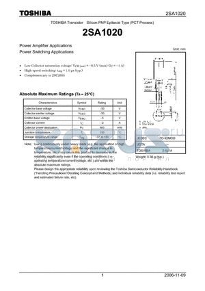 2SA1020 datasheet - Power Amplifier Applications Power Switching Applications