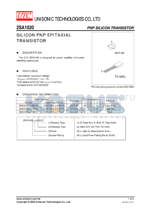 2SA1020-O-AB3-R datasheet - SILICON PNP EPITAXIAL TRANSISTOR