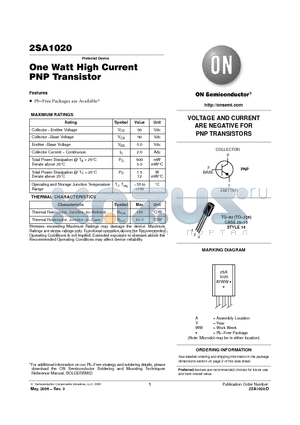2SA1020RLRAG datasheet - One Watt High Current PNP Transistor VOLTAGE AND CURRENT ARE NEGATIVE FOR PNP TRANSISTORS