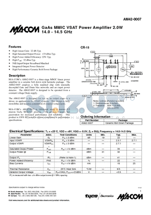 AM42-0007 datasheet - GaAs MMIC VSAT Power Amplifier 2.0W 14.0 - 14.5 GHz