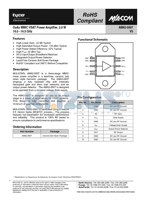 AM42-0007 datasheet - GaAs MMIC VSAT Power Amplifier 1.4W 14.0 - 14.5GHz