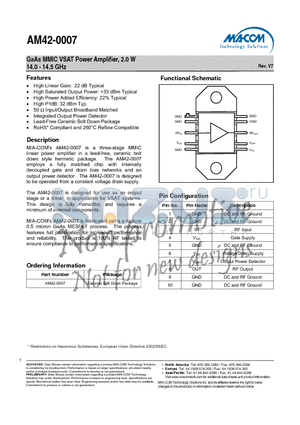 AM42-0007 datasheet - GaAs MMIC VSAT Power Amplifier, 2.0 W 14.0 - 14.5 GHz