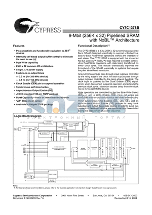CY7C1378B-166AC datasheet - 9-Mbit (256K x 32) Pipelined SRAM with NoBL Architecture