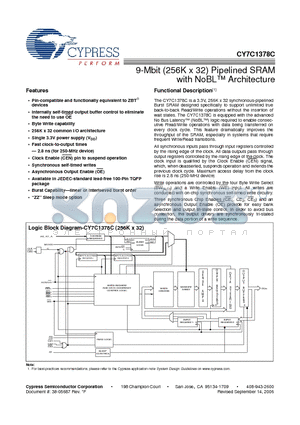 CY7C1378C-166AXI datasheet - 9-Mbit (256K x 32) Pipelined SRAM with NoBL Architecture